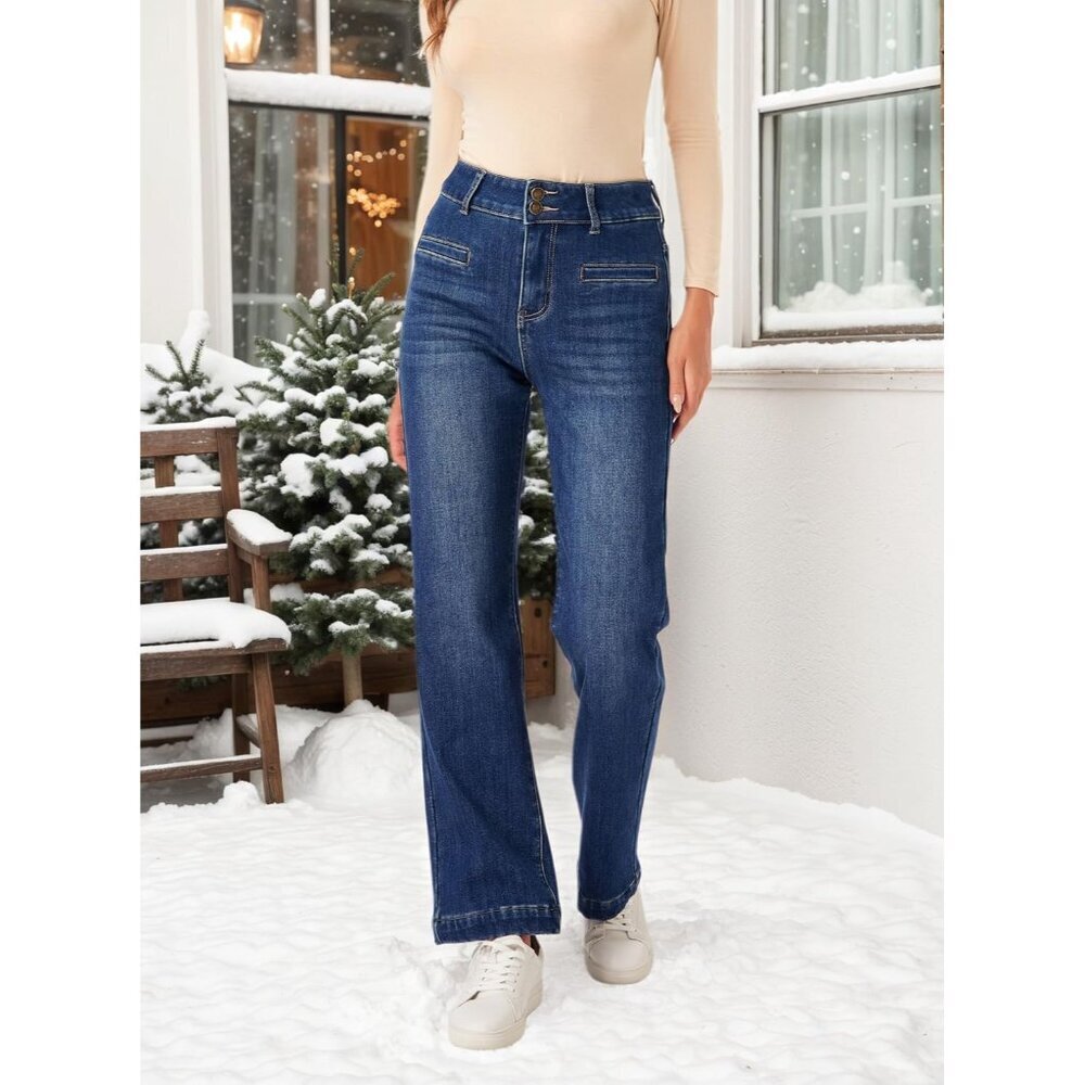 Women's Fleece Lined Jeans Large Wide Straight High Waist Winter Denim - Picture 6 of 6